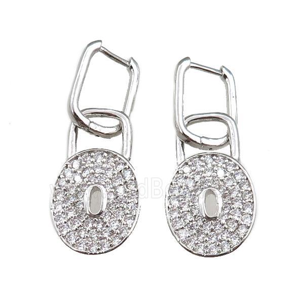 copper Latchback Earrings with lock pave zircon, platinum plated