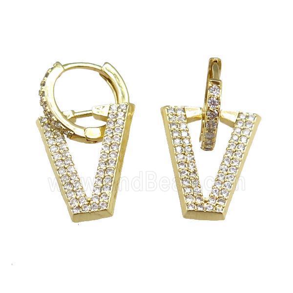 copper Hoop Earrings with V-letter pave zircon, gold plated