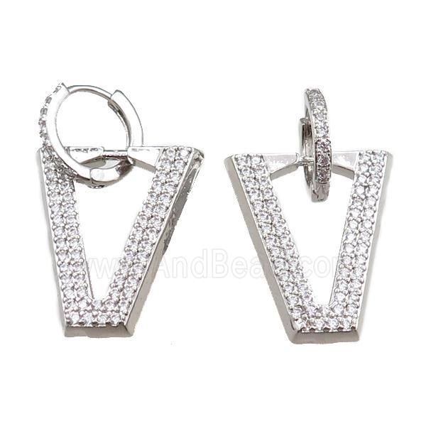 copper Hoop Earrings with V-letter pave zircon, platinum plated