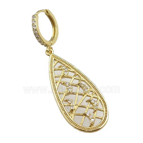 copper Hoop Earrings with teardrop pave zircon, gold plated