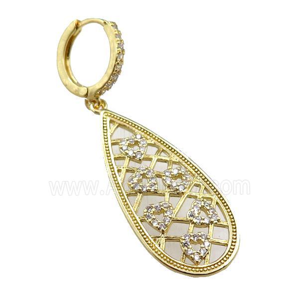copper Hoop Earrings with teardrop pave zircon, gold plated