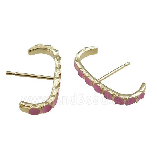 copper Stud Earrings with pink enameled, gold plated