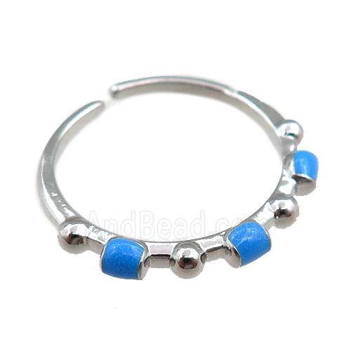 copper Rings with blue enameled, adjustable, platinum plated