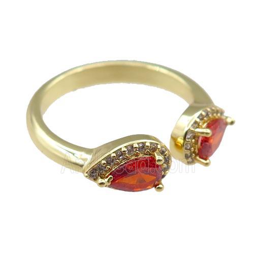 copper Rings pave red zircon, adjustable, gold plated
