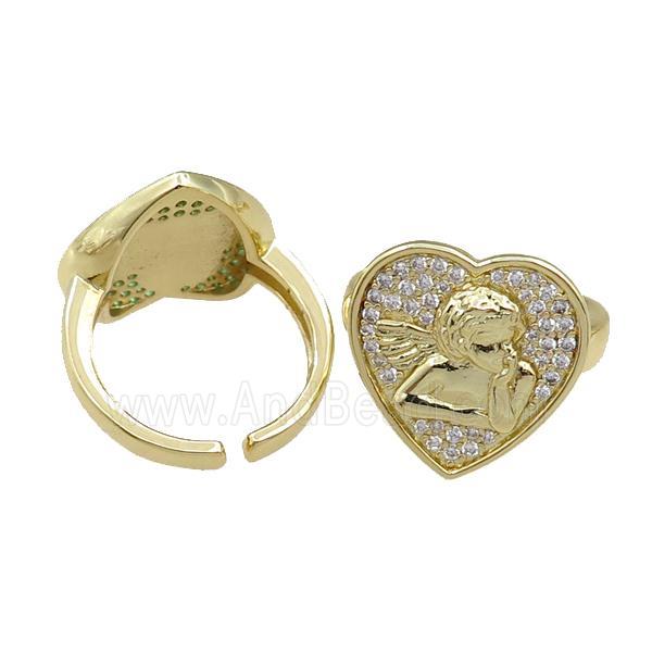 copper Rings pave zircon, heart, adjustable, gold plated