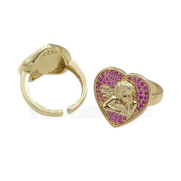 copper Rings pave hotpink zircon, heart, adjustable, gold plated