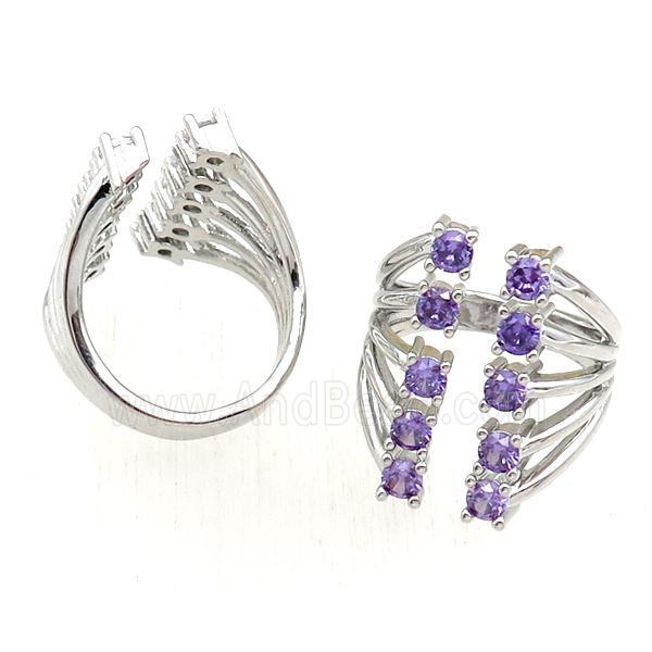 copper Rings pave purple zircon, adjustable, platinum plated