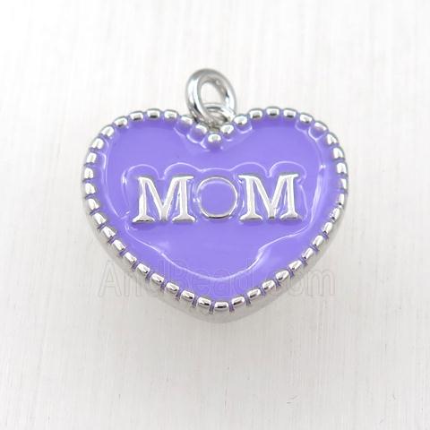 copper heart MON pendant with lavender enameling, platinum plated