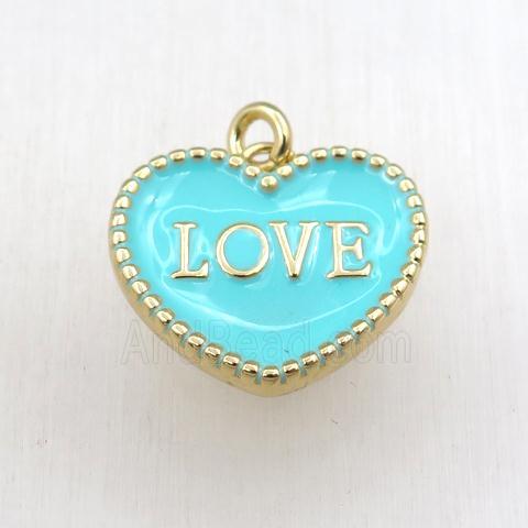 copper heart LOVE pendant with green enameling, gold plated
