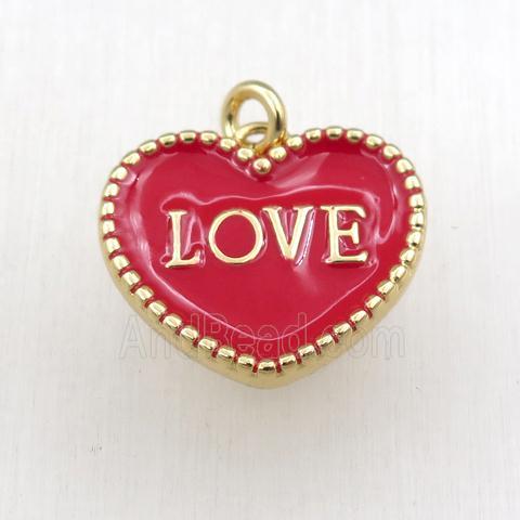 copper heart LOVE pendant with red enameling, gold plated