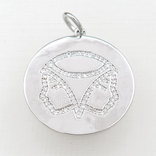 copper circle pendant pave zircon, zodiac Gemini, platinum plated