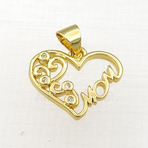 copper heart MOM pendant paved zircon, gold plated