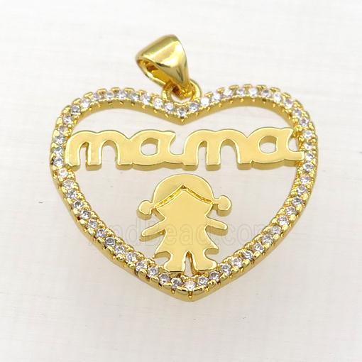 copper heart MAMA pendant paved zircon, gold plated