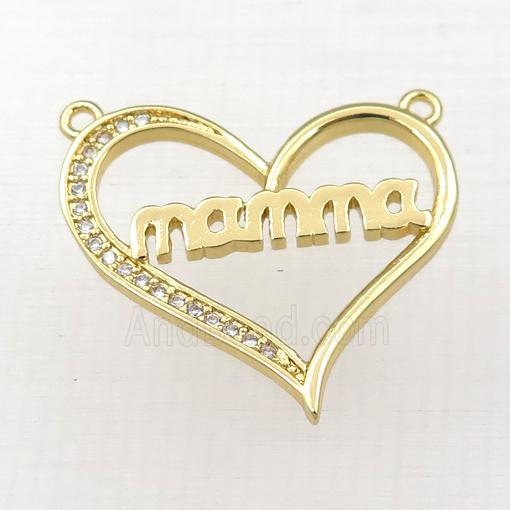 copper heart MAMA pendant paved zircon with 2loops, gold plated