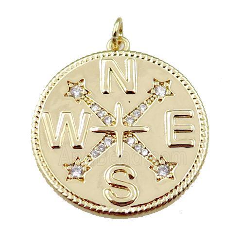 copper Compass pendant pave zircon, circle, gold plated
