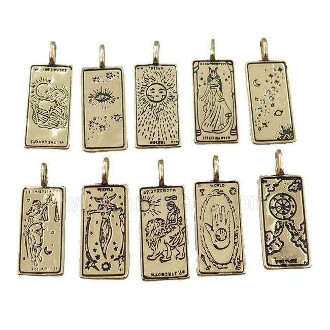 copper tarot card pendant, mixed charms, gold plated