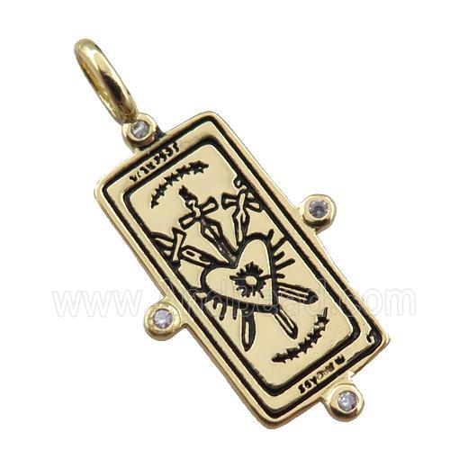copper tarot card pendant, three sword, gold plated