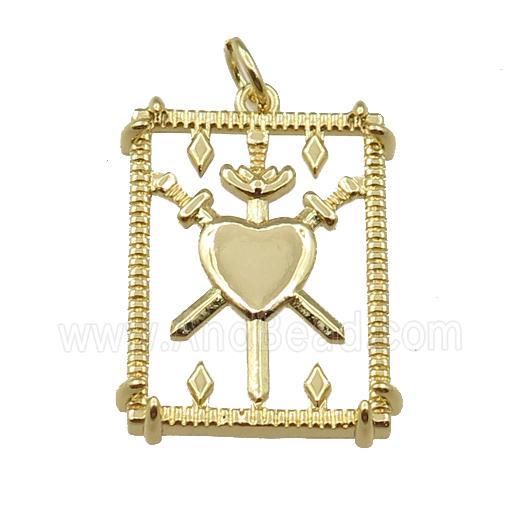 copper rectangle pendant, three sword, gold plated