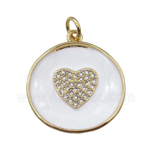 copper circle pendant pave zircon with white enameled, heart, gold plated