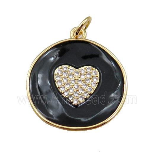 copper circle pendant pave zircon with black enameled, heart, gold plated