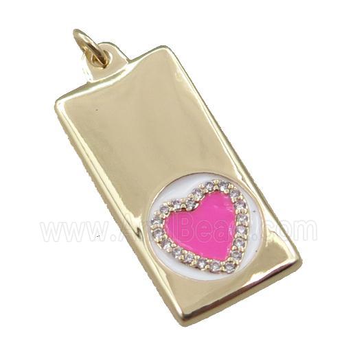 copper rectangle pendant pave zircon, heart, gold plated