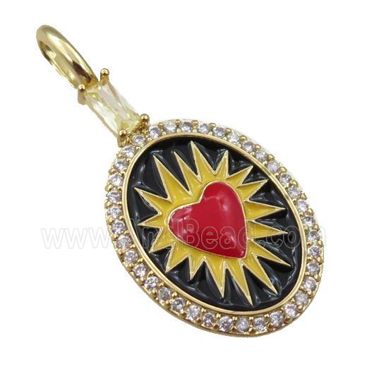 copper oval pendant pave zircon with red heart charm, gold plated
