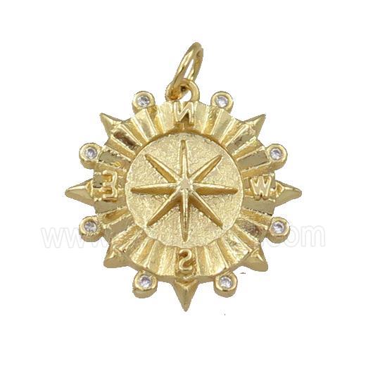 copper compass pendant pave zircon, gold plated