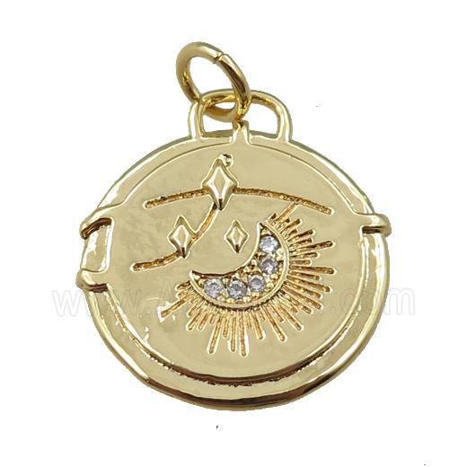 copper circle pendant pave zircon, moon, gold plated