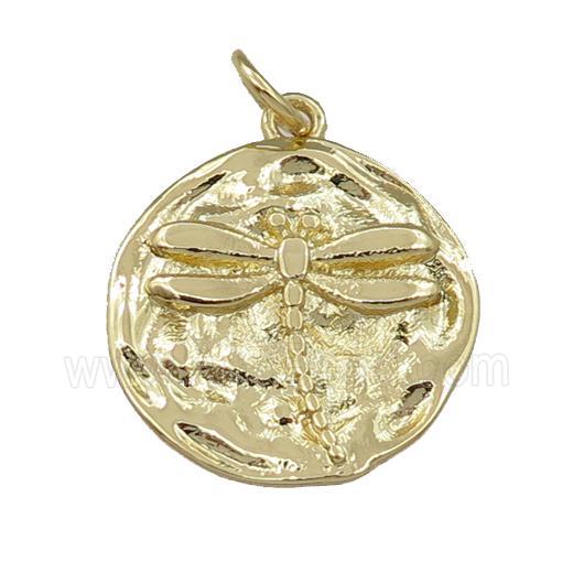 copper circle pendant, dragonfly, gold plated