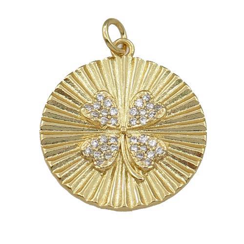 copper circle pendant pave zircon, clover, gold plated