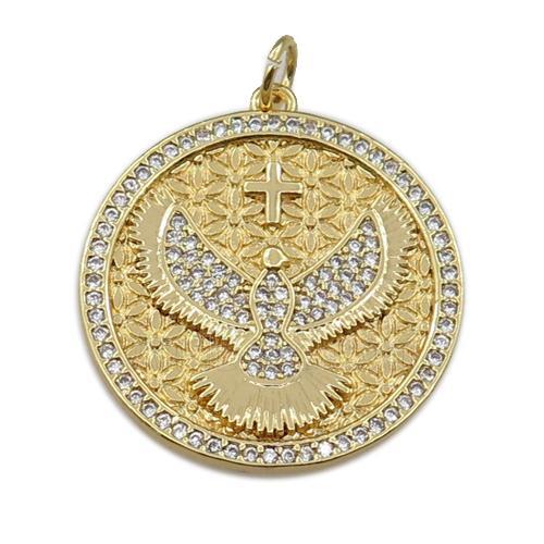 copper circle pendant pave zircon, eagle, gold plated