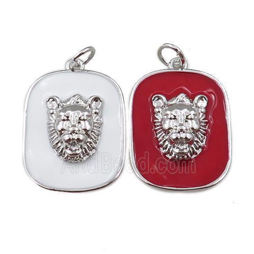 copper rectangle pendant with leopard, enamel, mixed, platinum plated