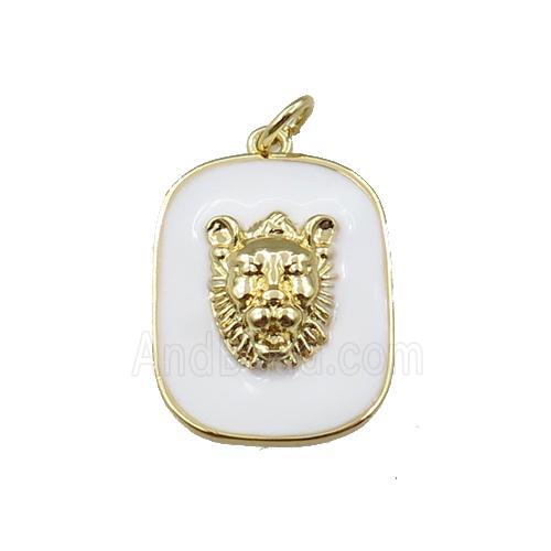 copper rectangle pendant with leopard, white enamel, gold plated