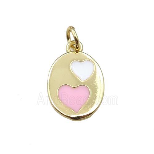 copper oval pendant with heart, enamel, gold plated