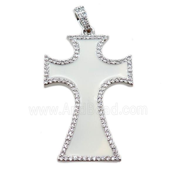 copper cross pendant pave zircon with white enameled, platinum plated
