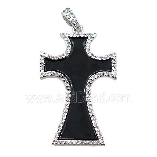 copper cross pendant pave zircon with black enameled, platinum plated