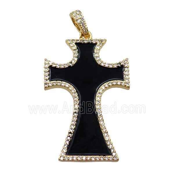 copper cross pendant pave zircon with black enameled, gold plated