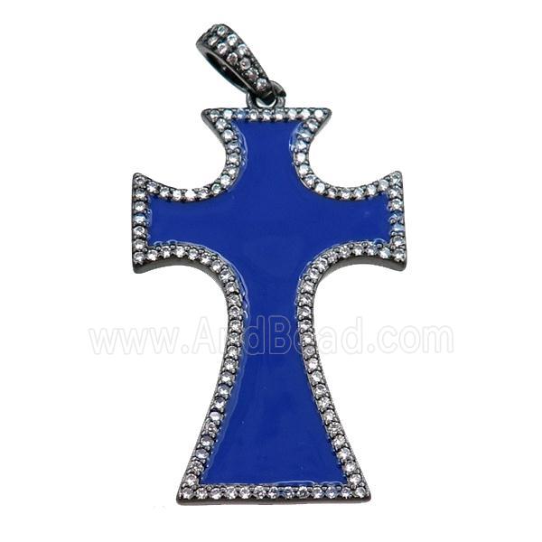 copper cross pendant pave zircon with blue enameled, black plated