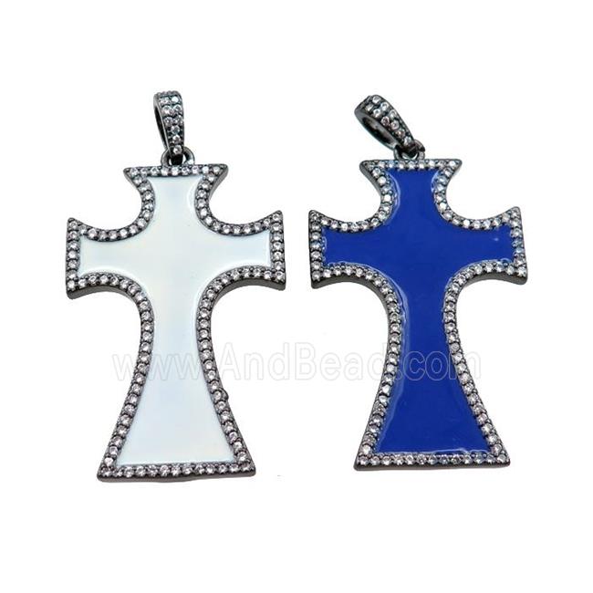 copper cross pendant pave zircon with enameled, mixed, black plated