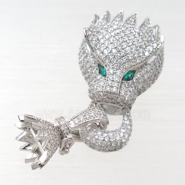 copper clasp pave zircon, lion, platinum plated