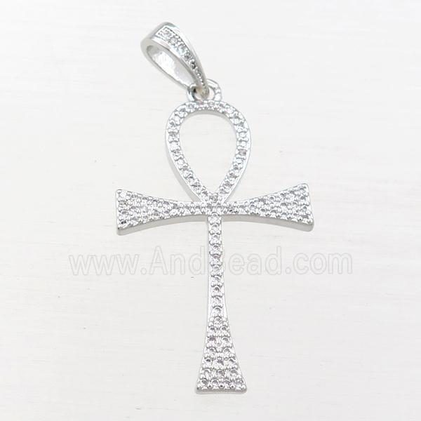 Copper Ankh Cross Pendant Pave Zircon Platinum Plated