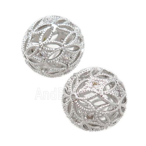 copper round beads pave zircon, hollow, platinum plated