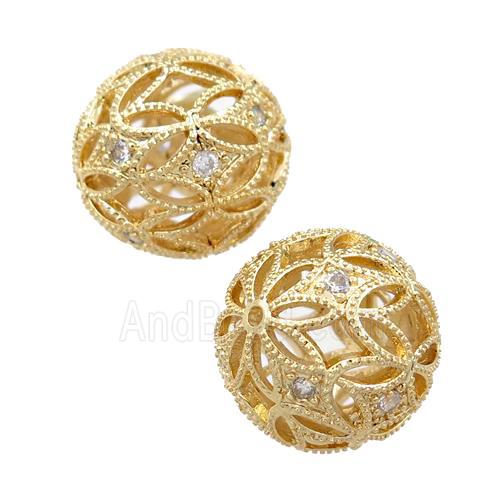 copper round beads pave zircon, hollow, gold plated