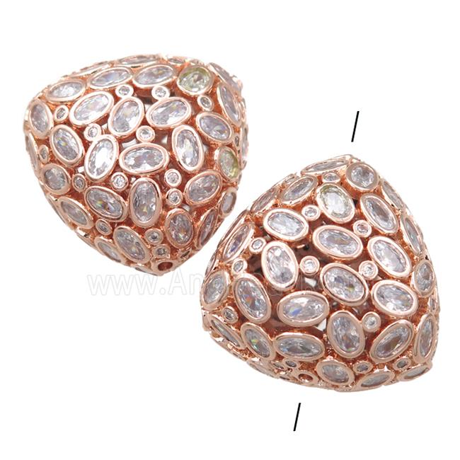 copper triangle beads pave zircon, hollow, rose gold