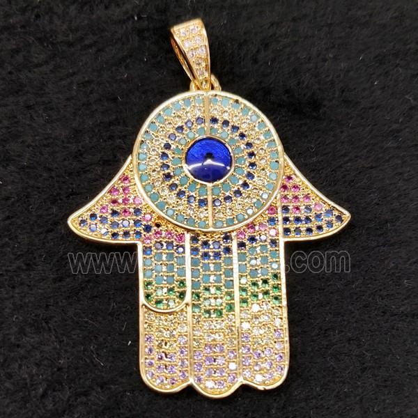 copper hamsahand pendant pave zircon, gold plated