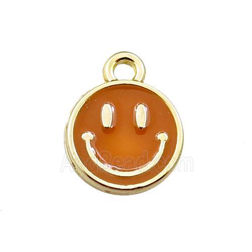 copper emoji pendant with brown enameled, smile face, gold plated
