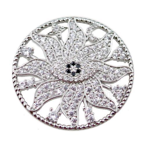 copper flower pendant pave zircon, platinum plated