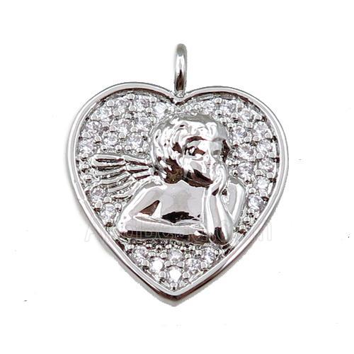copper heart pendant pave zircon, angel, platinum plated