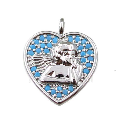 copper heart pendant pave zircon, angel, platinum plated