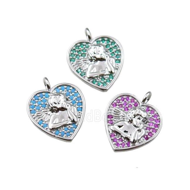 copper heart pendant pave zircon, angel, platinum plated, mix